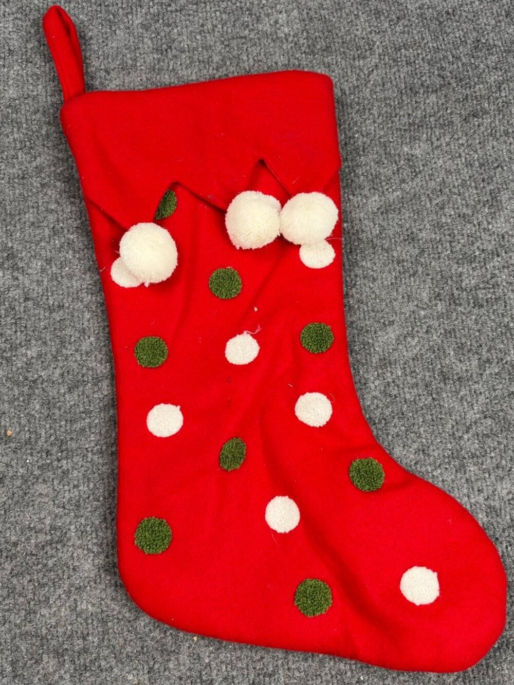 Red Christmas Stocking Elf Pom Pom Green White Polka Dot Holiday Decor 19"